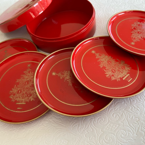 Vintage Otagiri Christmas Tree Holiday Coasters set of 5 with tin - Picture 2 of 4